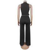 Women V-Neck Buckled Belt Top and Pants Two-Piece Set