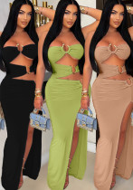 Women Sexy Cutout Metallic Patchwork Slit Bodycon Maxi Dress