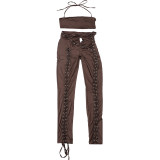 Women Fall Solid Halter Neck Lace-Up Top and Pants Two-piece Set