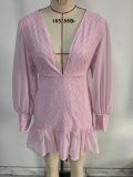 Women Spring/Summer Lantern Sleeve V-Neck Long Sleeve Hollow Sexy Lingerie Dresses