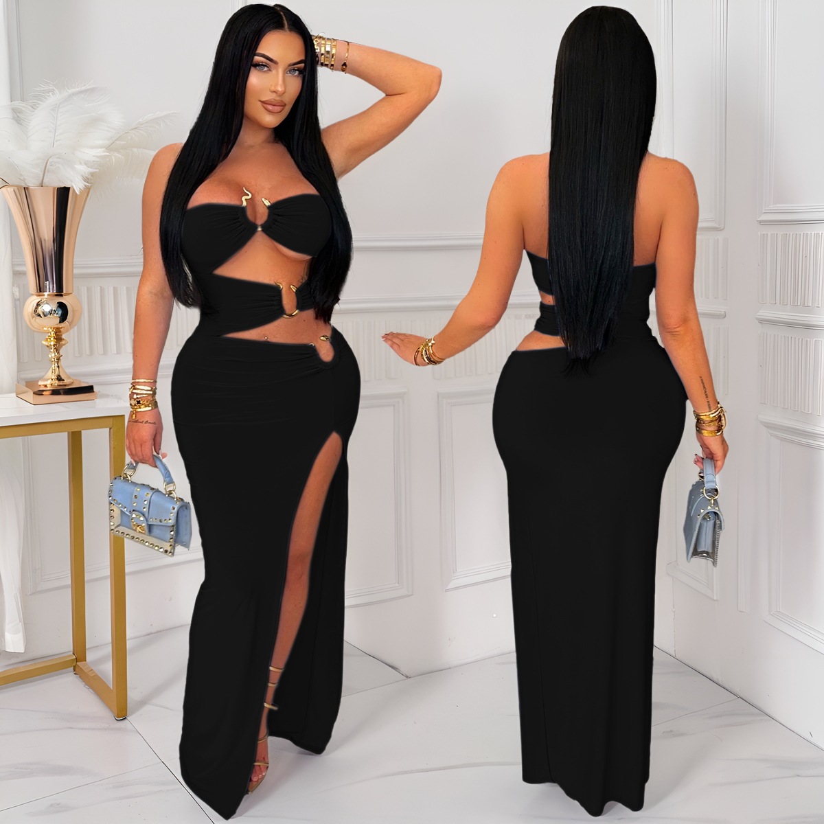 Women Sexy Cutout Metallic Patchwork Slit Bodycon Maxi Dress