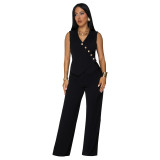 Women Casual Sleeveless V-Neck Top and Pants Two-Piece Set