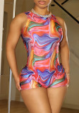 Women wavy print round neck dress. Neck Sleeveless Stretch One-Piece Swimsuit
