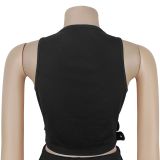 Women V-Neck Buckled Belt Top and Pants Two-Piece Set