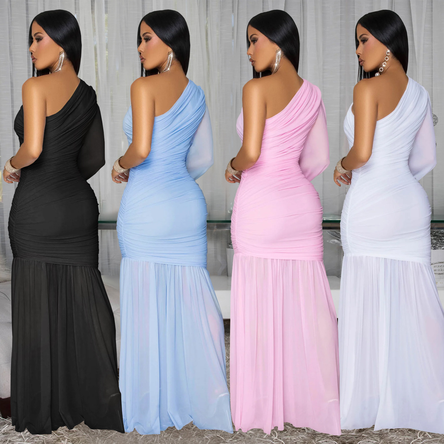 Women Sexy Slash Shoulder Mesh Dress