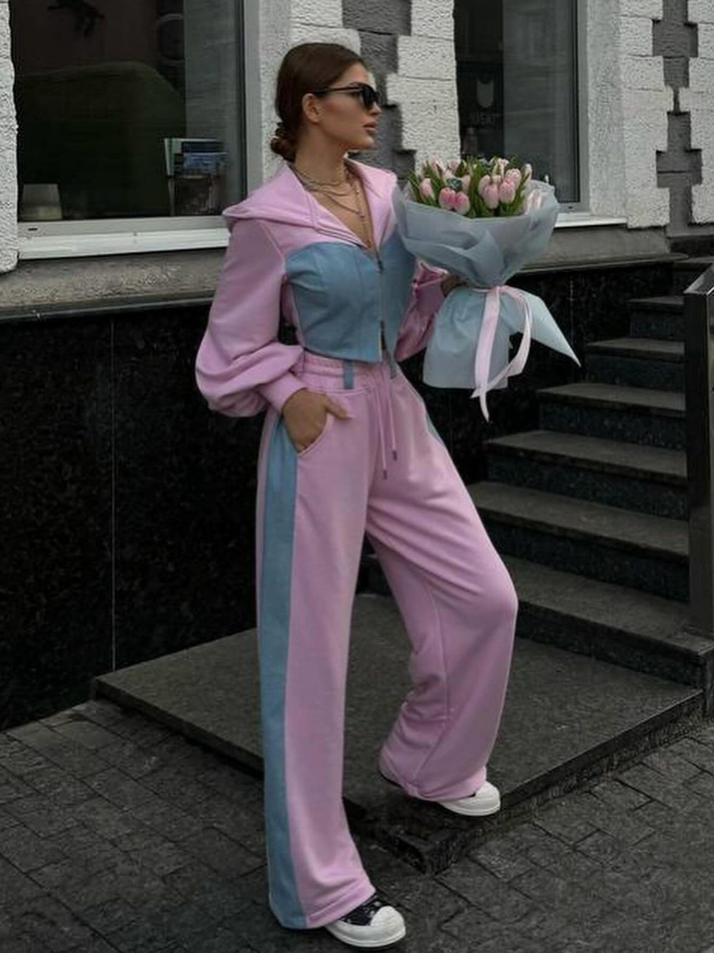 Women's Fashion Casual Hoodies Set Denim Patchwork Hooded Top and Pants Two-Piece Set