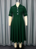 Plus Size Women's Turndown Collar Short Sleeve Dress Button Slim Waist Elegant Party Dress