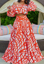 Women's Fashion Elegant Off Shoulder Long Sleeve High Waist Plus Size A-Line Skirt Set