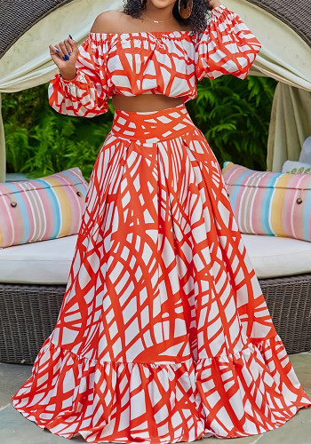 Women's Fashion Elegant Off Shoulder Long Sleeve High Waist Plus Size A-Line Skirt Set