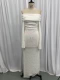 Long Sleeve Waist Cut-Out Off Shoulder High Slit Textured Dress