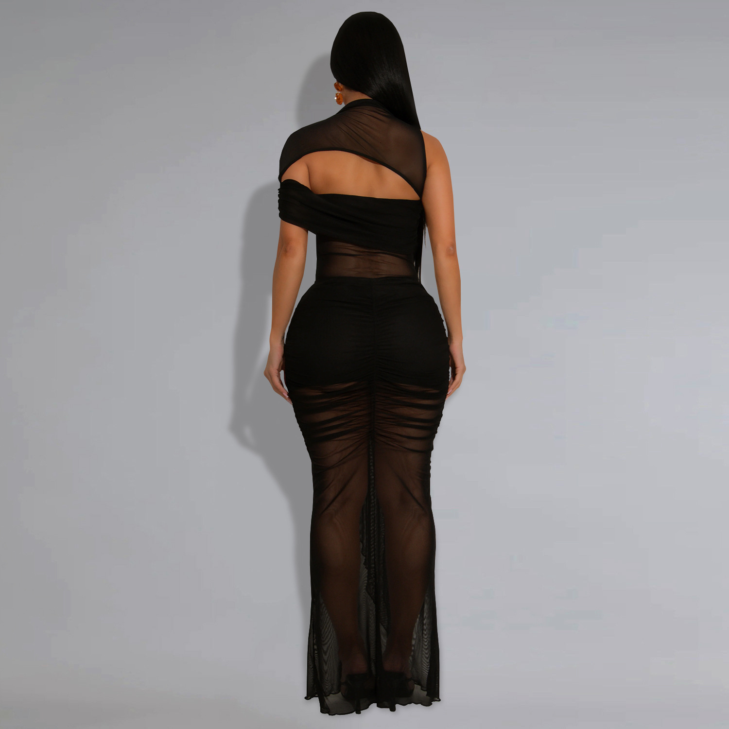 Fashion Women's Sexy See-Through Mesh Long Dress Set