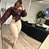 Summer Women's Fashion Slim Waist Crop Pu Leather Solid Color Casual Jacket