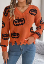 Autumn Winter Halloween Colorblock Pumpkin Distressed Long Sleeve Women's Pullover Sweater