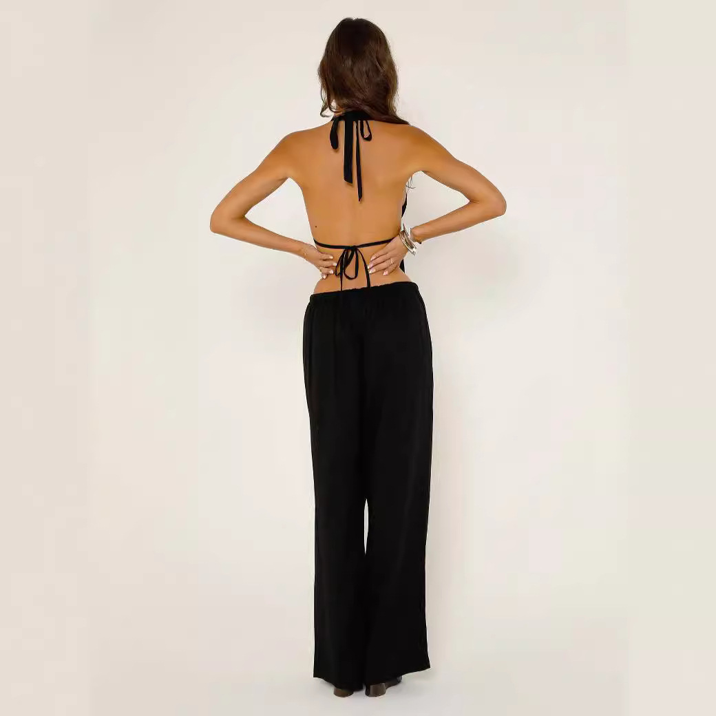 Spring Summer Women's Halter Neck Lace-Up Sexy Low Back Sleeveless Top Pants Set