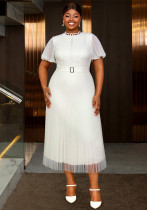 Plus Size Women's Elegant White Lace Cut-Out Dress Puff Sleeve Rhinestone Button Pleated Midi Party Dress Plus Size Women's Elegant White Lace Cut-Out Dress Puff Sleeve Rhinestone Button Pleated Midi Party Dress