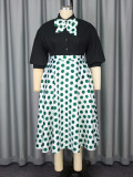 Plus Size Women's Elegant Chic Black Top Bow Polka Dot Skirt Set