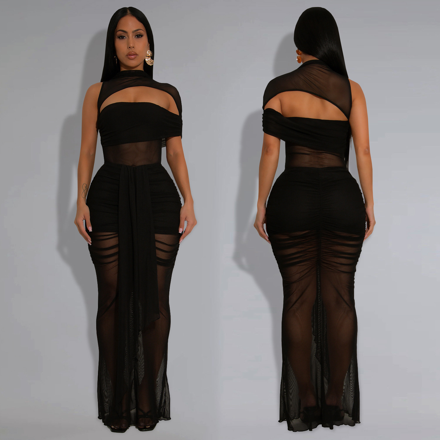 Fashion Women's Sexy See-Through Mesh Long Dress Set