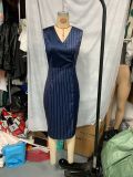 Women's Striped V-Neck Sleeveless Fashion Chic Elegant Slim Waist Slit Dress