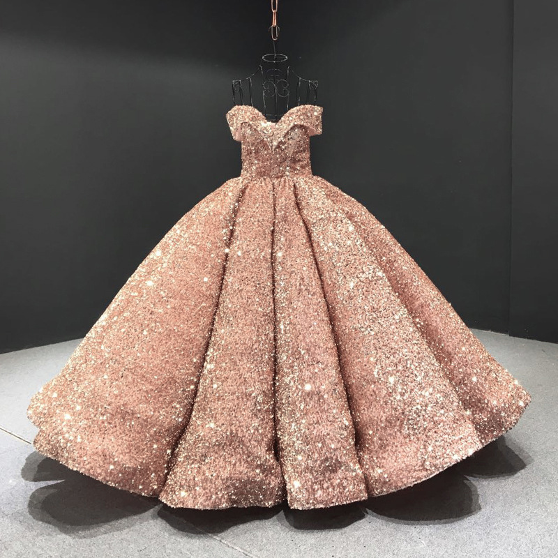 Bride Wedding Dress Women's Sequins Ball Gown Off Shoulder Puffy Evening Dress