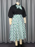 Plus Size Women's Elegant Chic Black Top Bow Polka Dot Skirt Set