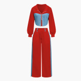 Women's Fashion Casual Hoodies Set Denim Patchwork Hooded Top and Pants Two-Piece Set