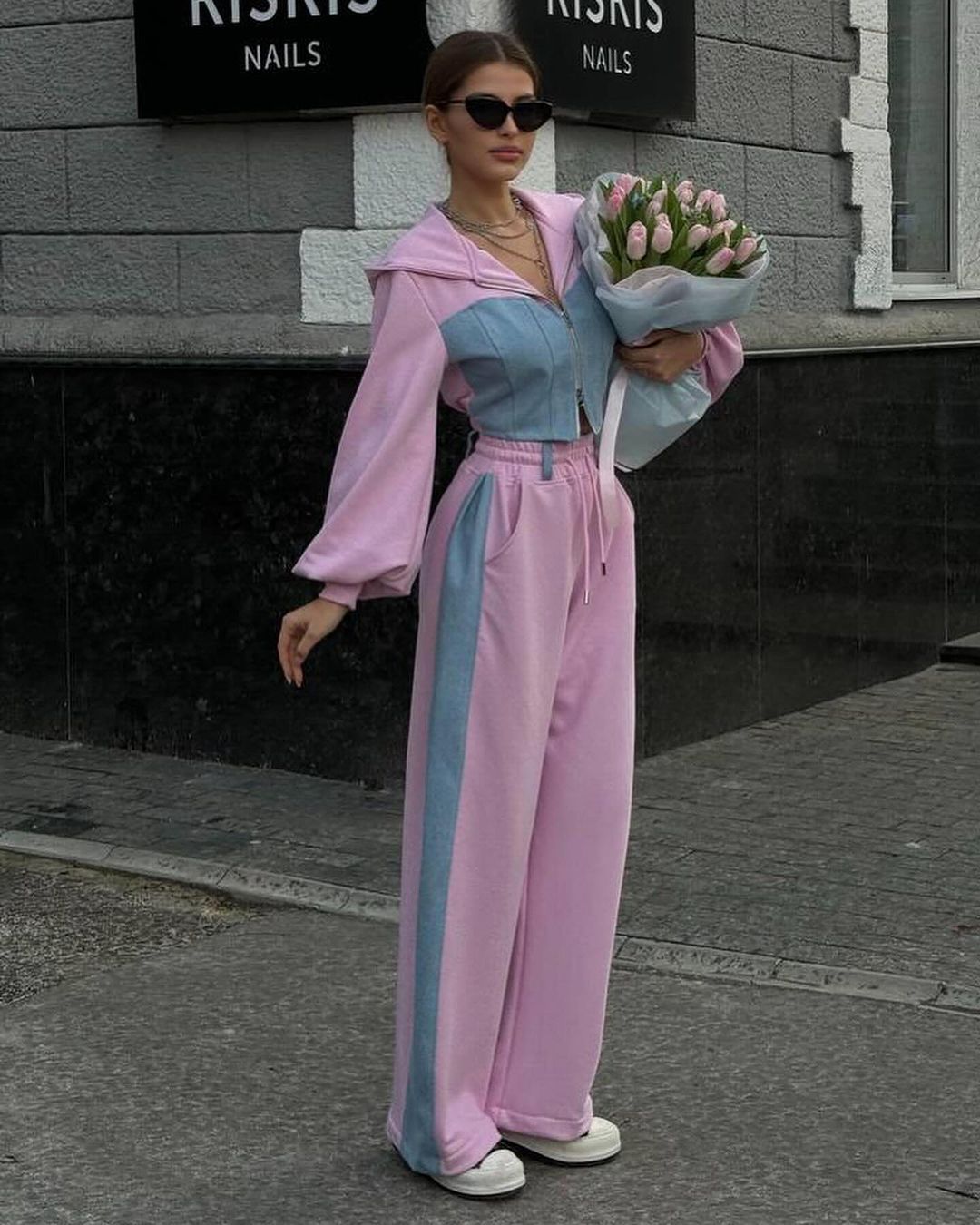 Women's Fashion Casual Hoodies Set Denim Patchwork Hooded Top and Pants Two-Piece Set