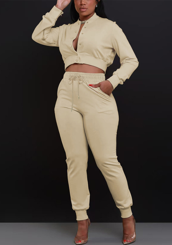 Women's Solid Color Casual Baseball Jacket Single-Breasted Long Sleeve Zipper Top and Sport Pants Two-Piece Set