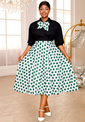 Plus Size Women's Elegant Chic Black Top Bow Polka Dot Skirt Set