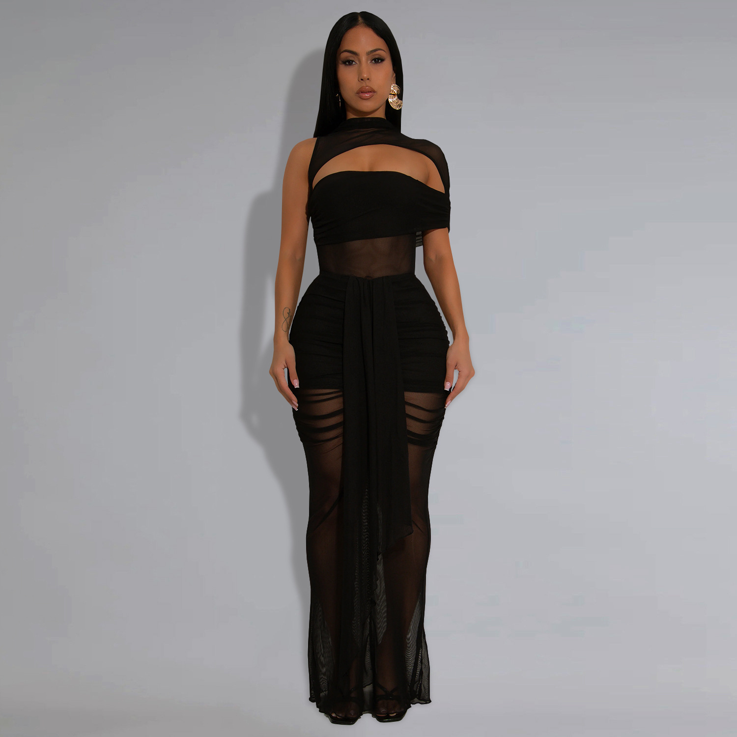 Fashion Women's Sexy See-Through Mesh Long Dress Set