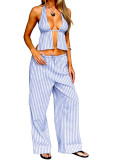 Spring Summer Women's Halter Neck Lace-Up Sexy Low Back Sleeveless Top Pants Set