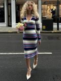 Women's Striped Colorblock Sexy V-Neck Turndown Collar Long Sleeve Bodycon Knitting Dress