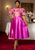 Plus Size Women's Floral Jacquard Satin Patchwork Midi Dress Slash Shoulder Puff Sleeve Formal Gown Plus Size Women's Floral Jacquard Satin Patchwork Midi Dress Slash Shoulder Puff Sleeve Formal Gown