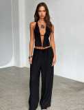 Spring Summer Women's Halter Neck Lace-Up Sexy Low Back Sleeveless Top Pants Set