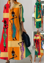 Women's Fashion Elegant Print Turndown Collar Long Sleeve Shirt Dress