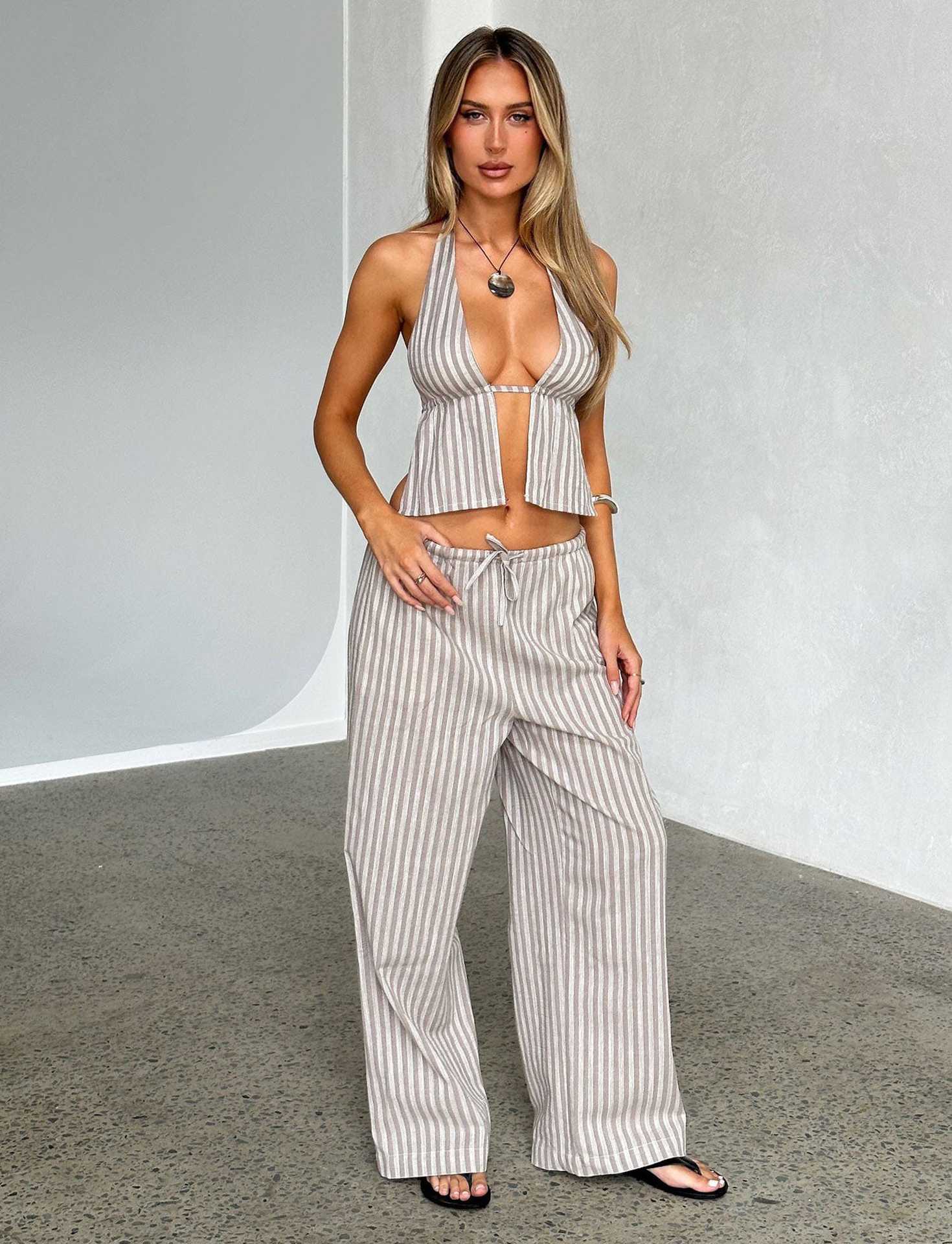 Spring Summer Women's Halter Neck Lace-Up Sexy Low Back Sleeveless Top Pants Set