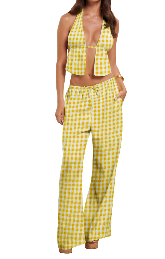 Spring Summer Women's Halter Neck Lace-Up Sexy Low Back Sleeveless Top Pants Set