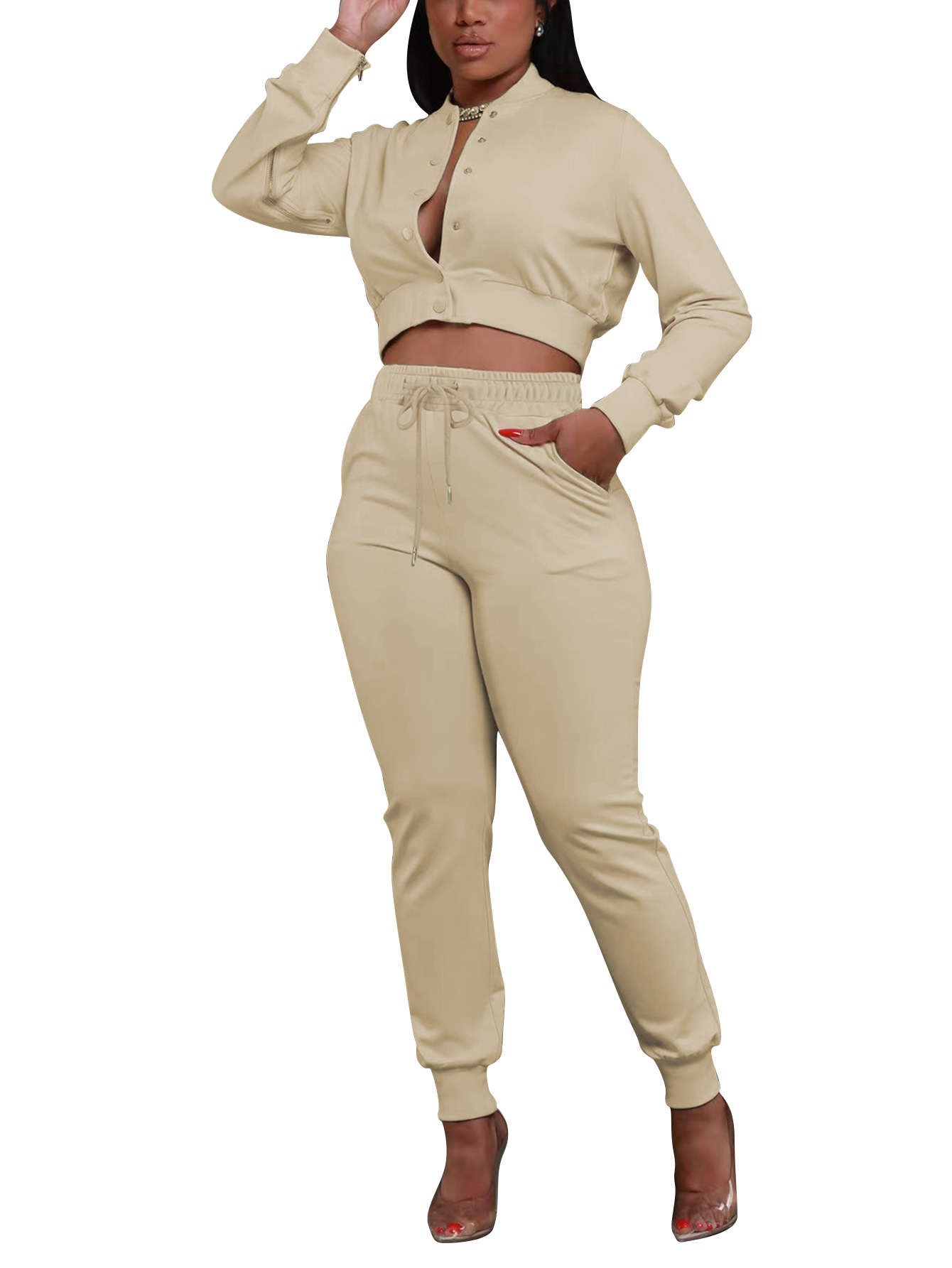 Women's Solid Color Casual Baseball Jacket Single-Breasted Long Sleeve Zipper Top and Sport Pants Two-Piece Set