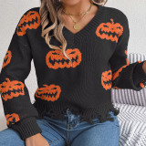 Autumn Winter Halloween Colorblock Pumpkin Distressed Long Sleeve Women's Pullover Sweater
