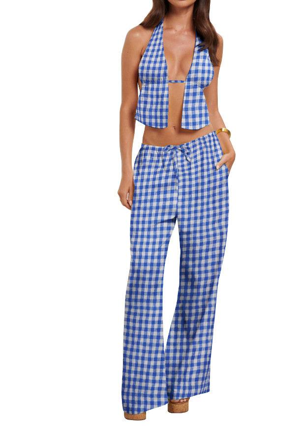 Spring Summer Women's Halter Neck Lace-Up Sexy Low Back Sleeveless Top Pants Set