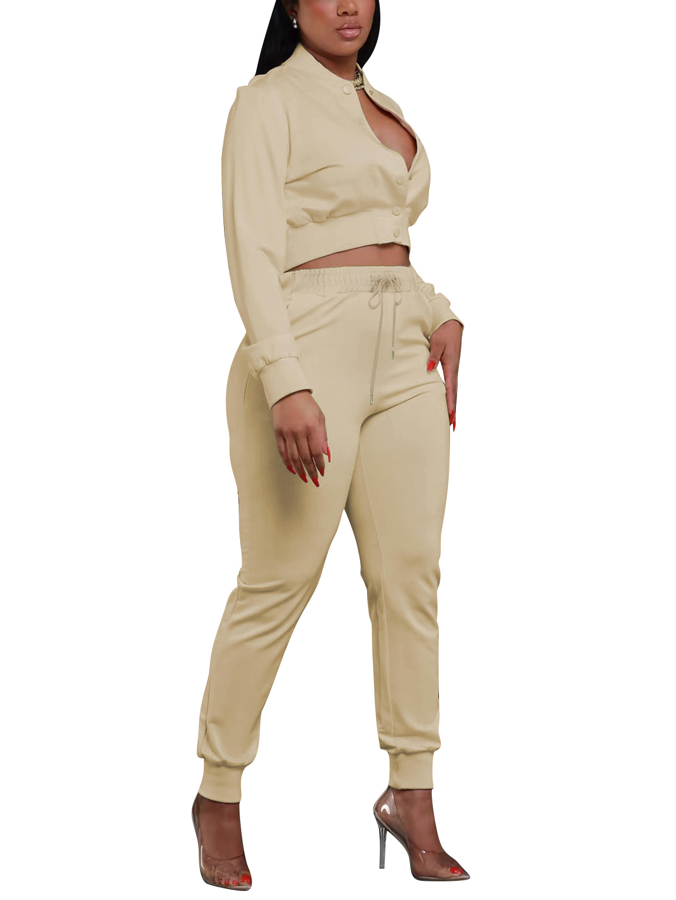 Women's Solid Color Casual Baseball Jacket Single-Breasted Long Sleeve Zipper Top and Sport Pants Two-Piece Set