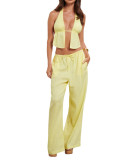 Spring Summer Women's Halter Neck Lace-Up Sexy Low Back Sleeveless Top Pants Set