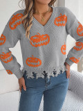 Autumn Winter Halloween Colorblock Pumpkin Distressed Long Sleeve Women's Pullover Sweater