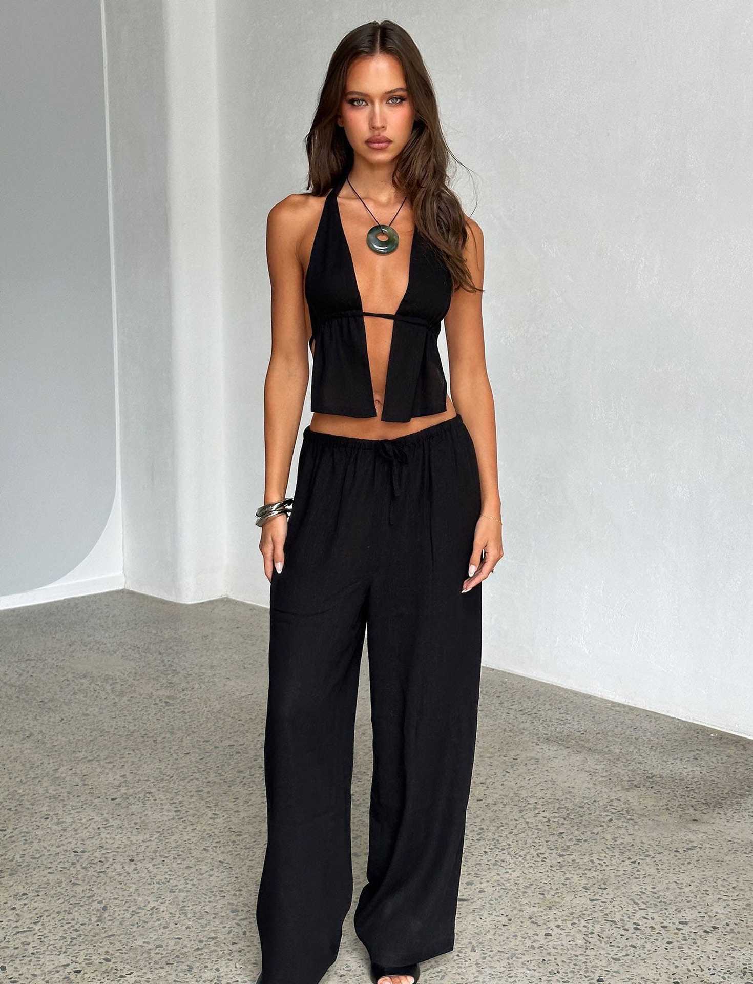 Spring Summer Women's Halter Neck Lace-Up Sexy Low Back Sleeveless Top Pants Set