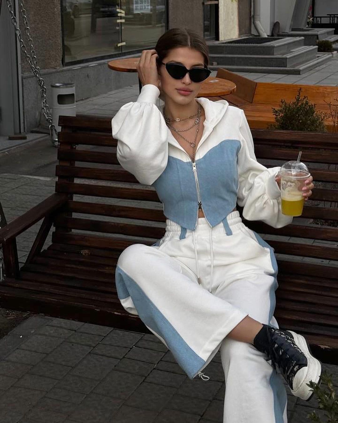 Women's Fashion Casual Hoodies Set Denim Patchwork Hooded Top and Pants Two-Piece Set