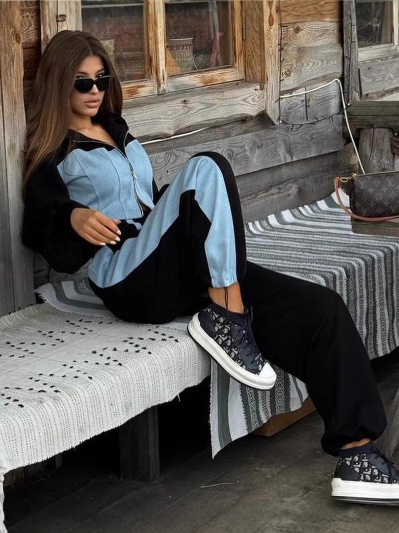 Women's Fashion Casual Hoodies Set Denim Patchwork Hooded Top and Pants Two-Piece Set