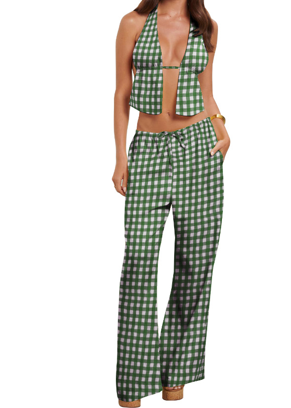 Spring Summer Women's Halter Neck Lace-Up Sexy Low Back Sleeveless Top Pants Set