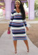 Women's Striped Colorblock Sexy V-Neck Turndown Collar Long Sleeve Bodycon Knitting Dress