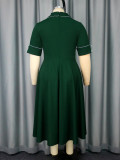Plus Size Women's Turndown Collar Short Sleeve Dress Button Slim Waist Elegant Party Dress