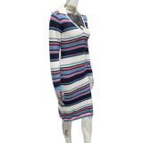 Women's Striped Colorblock Sexy V-Neck Turndown Collar Long Sleeve Bodycon Knitting Dress