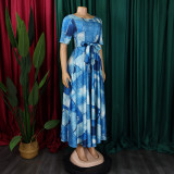 Women's Fashion Chic Tie-Waist African Plus Size Short Sleeve A-Line Dress